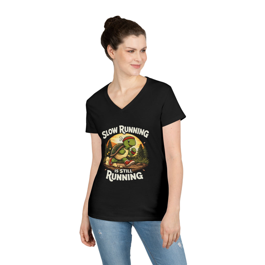 Slow Running Turtle V-Neck Tee — "Slow Running Is Still Running" Motivational Running Shirt