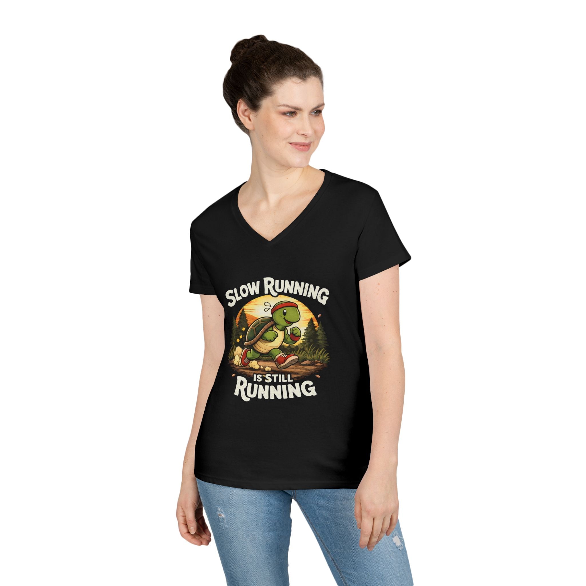 Slow Running Turtle V-Neck Tee — "Slow Running Is Still Running" Motivational Running Shirt