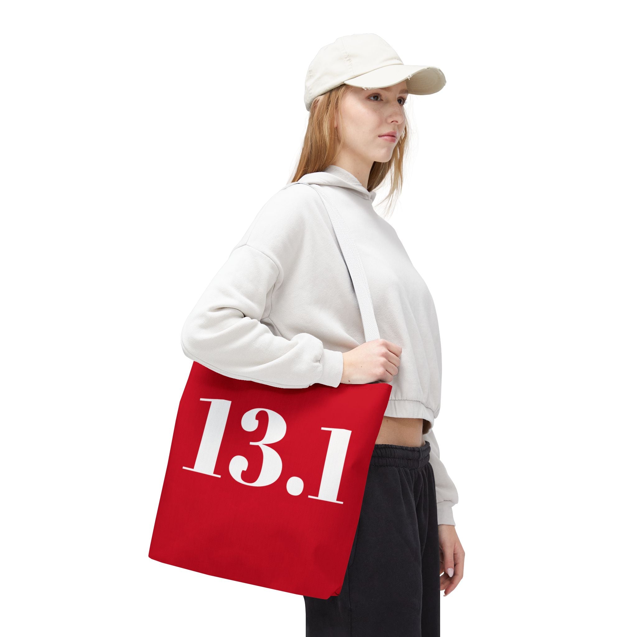 13.1 Half Marathon Runner Tote Bag — Red Race Day Canvas Shopping Bag