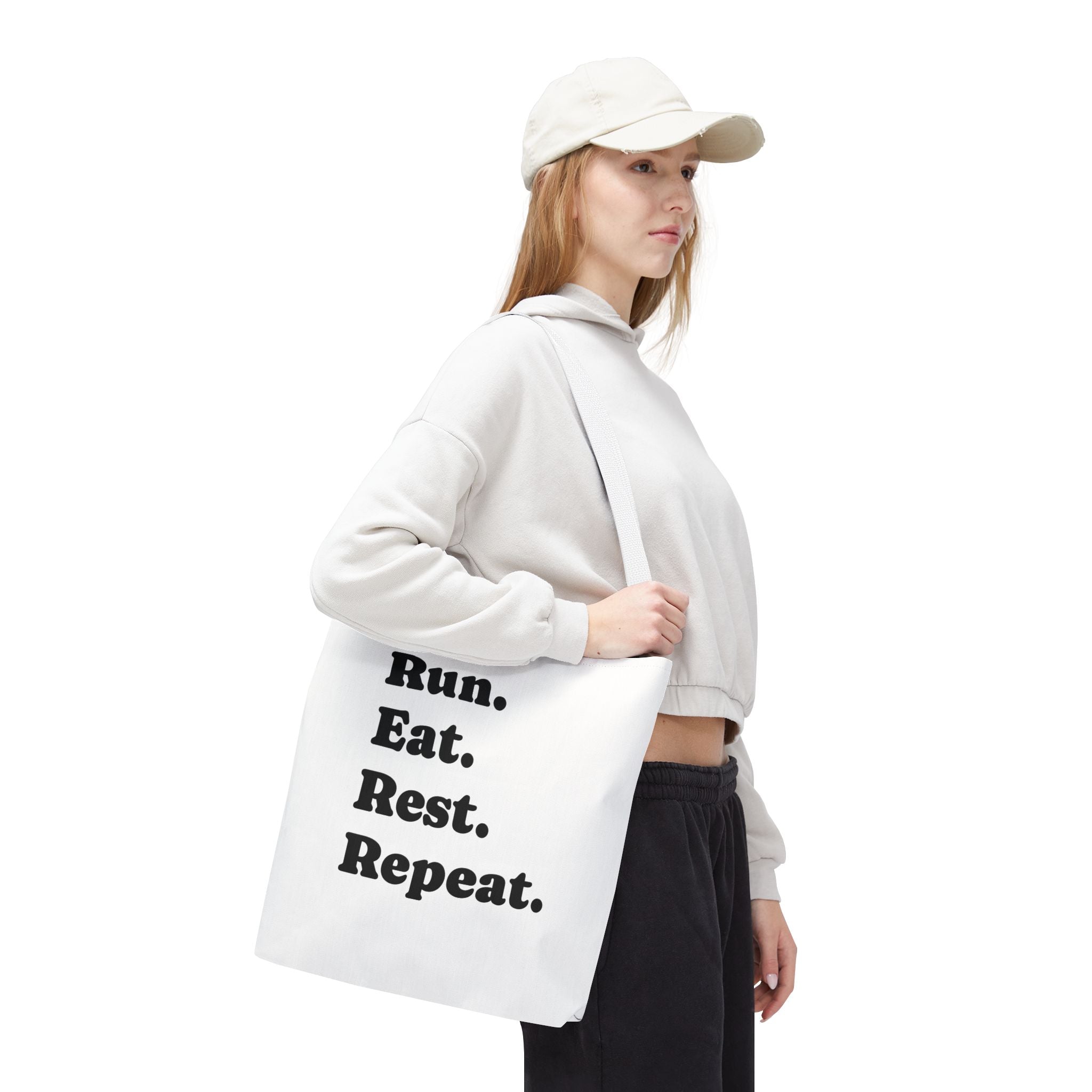 Run. Eat. Rest. Repeat. Tote Bag — Funny Runner Gym Grocery Tote - Best Run Yet Apparel and Gifts