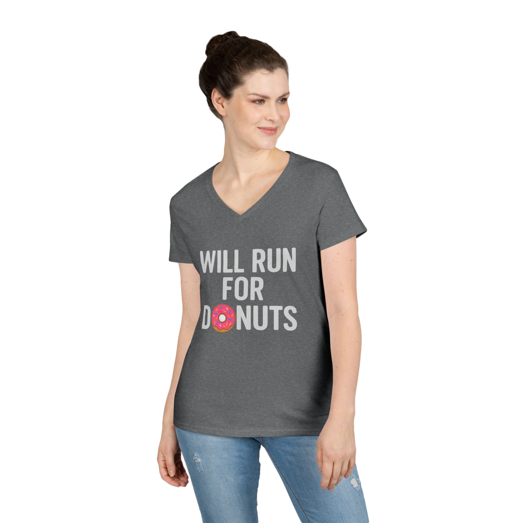 Will Run For Donuts V - Neck Tee – Funny Running Shirt for Women - Best Run Yet Apparel and Gifts