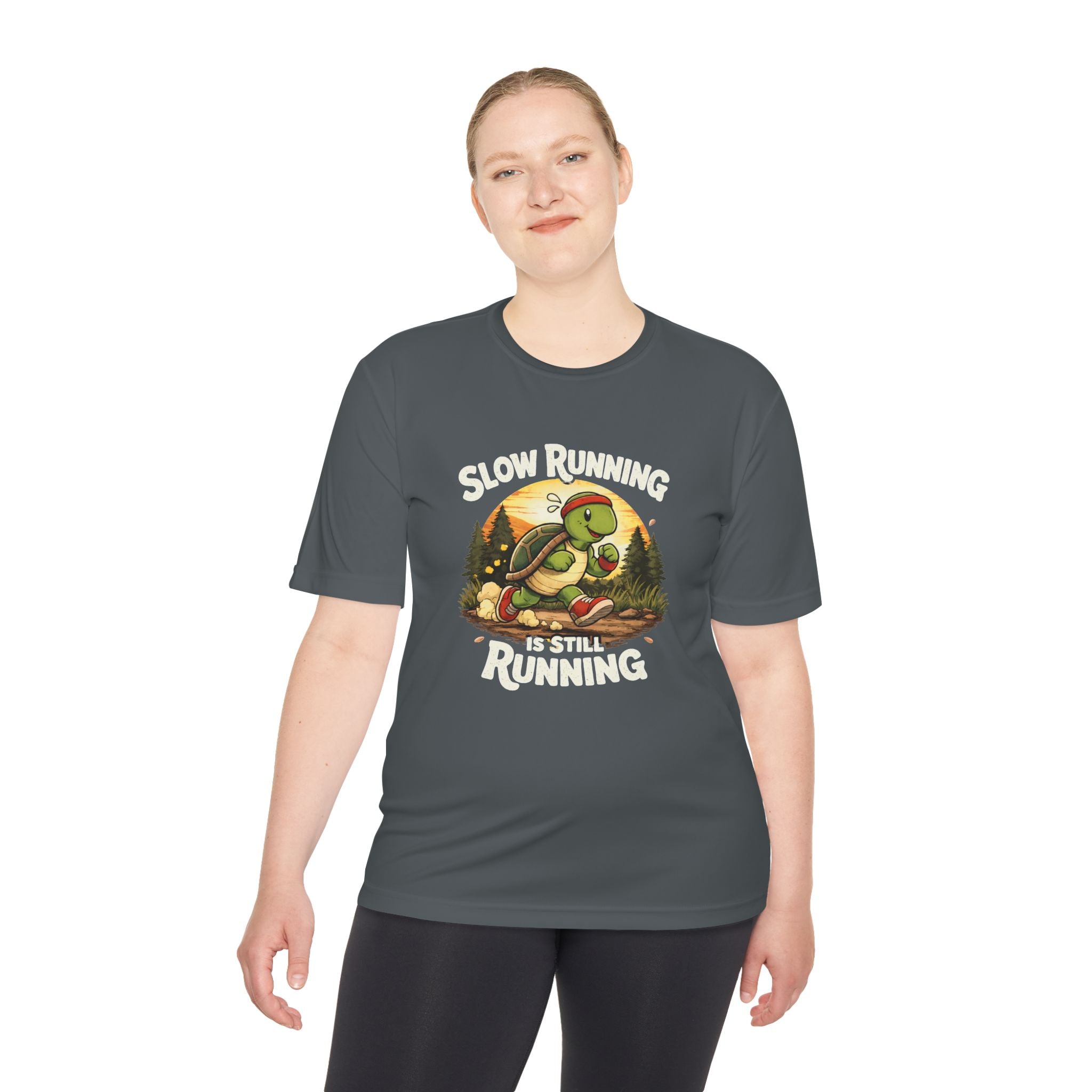 Running Turtle Tee — "Slow Running, I’m Still Running" Moisture‑Wicking Shirt (Back: "Catch Me If You Can")