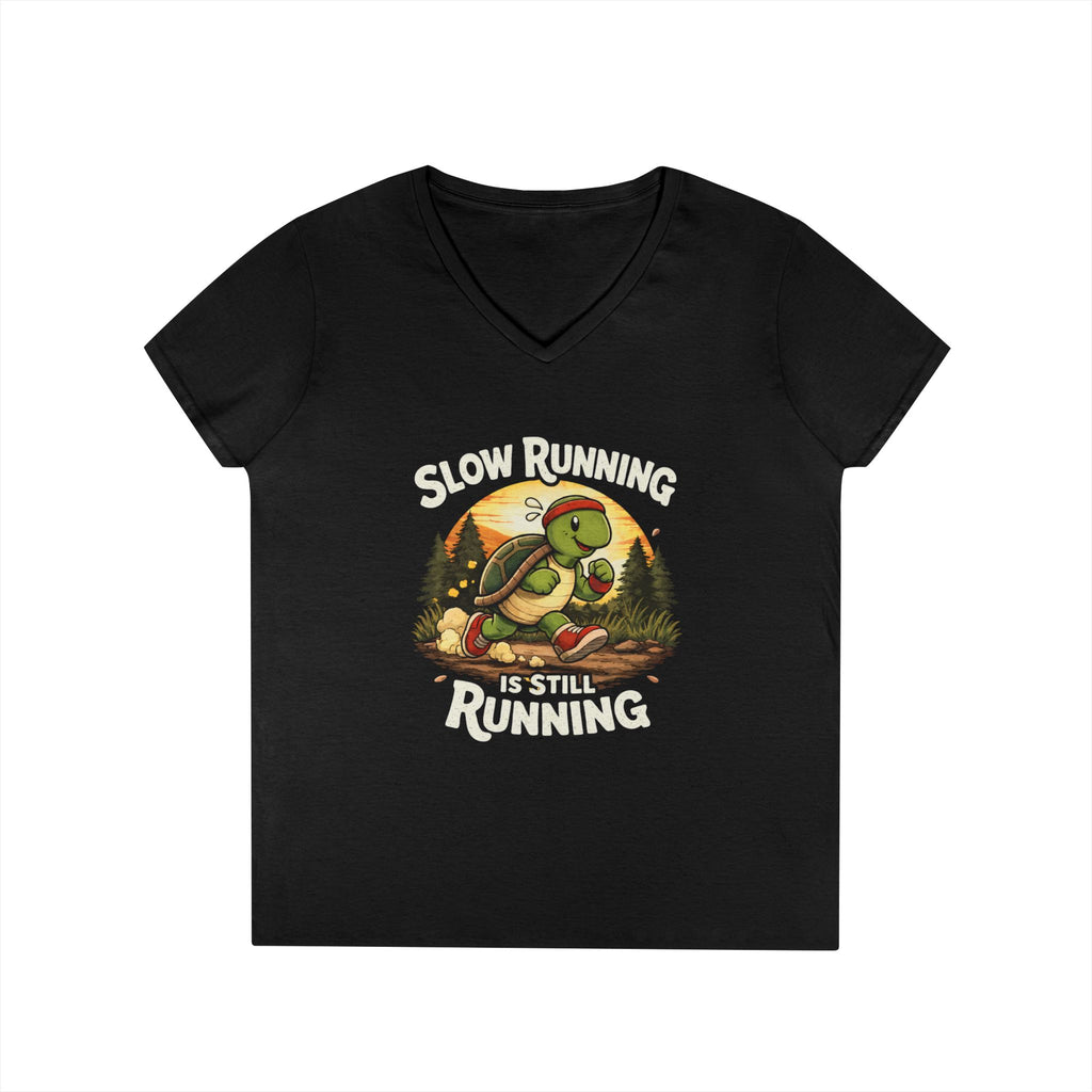 Slow Running Turtle V-Neck Tee — "Slow Running Is Still Running" Motivational Running Shirt