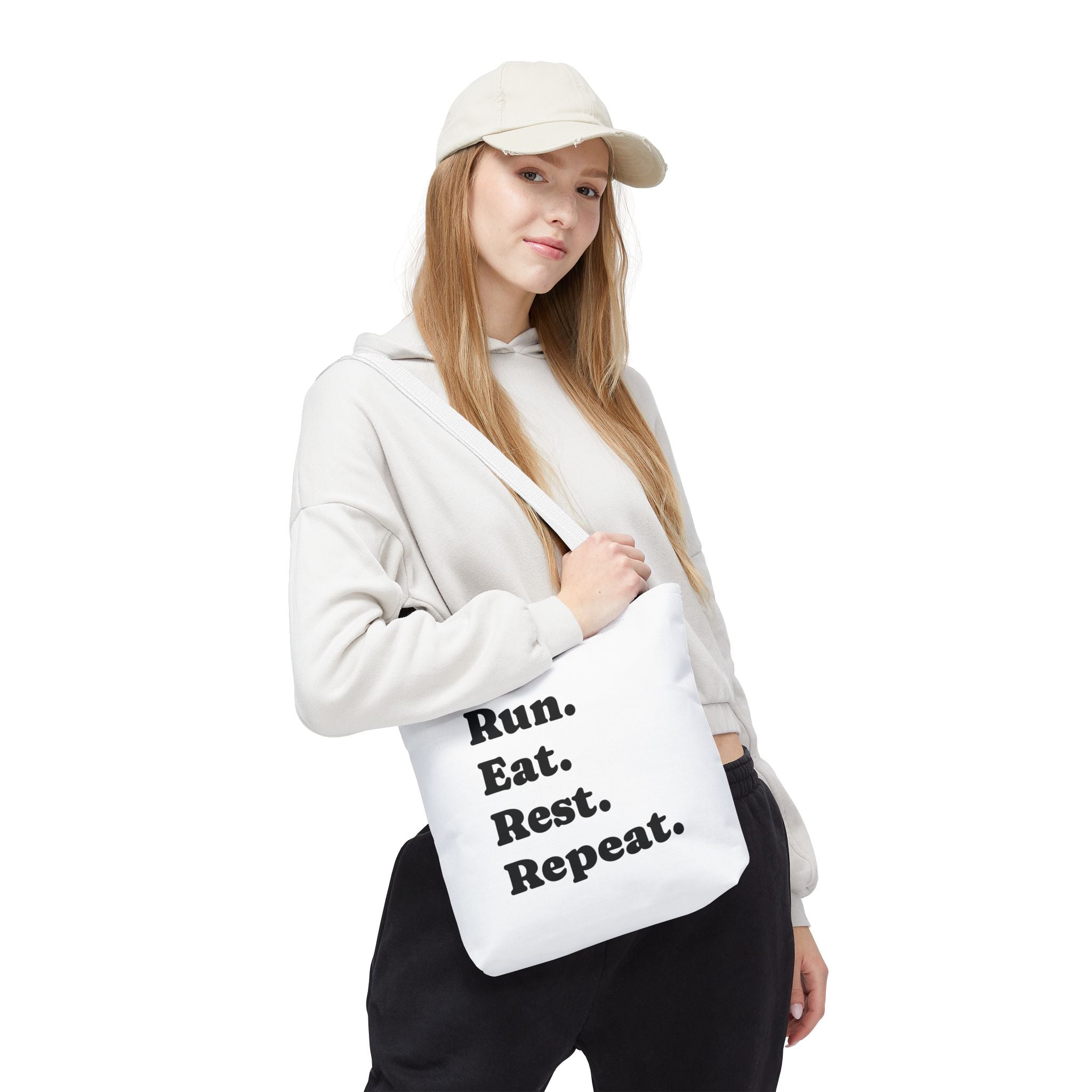 Run. Eat. Rest. Repeat. Tote Bag — Funny Runner Gym Grocery Tote - Best Run Yet Apparel and Gifts