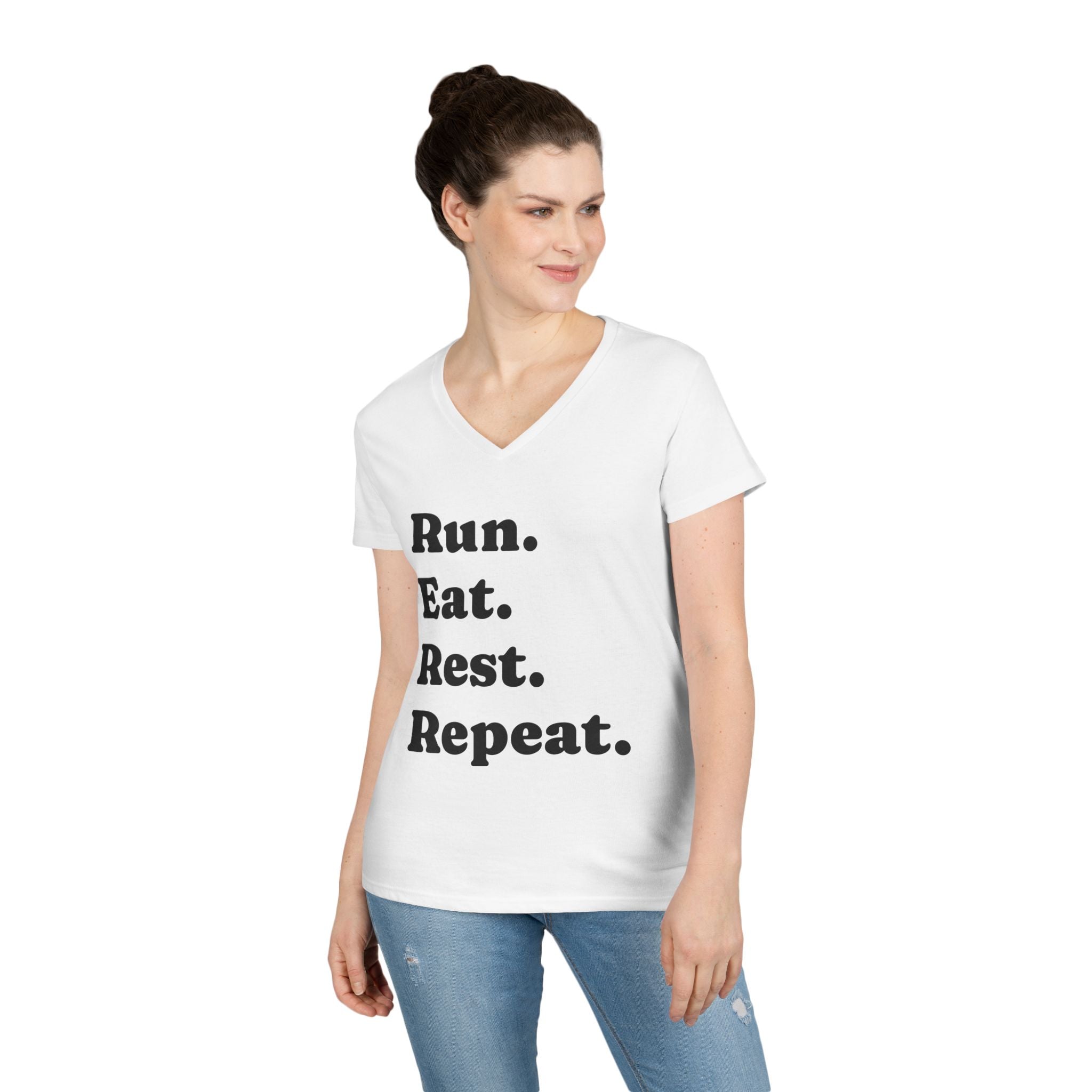 Run. Eat. Rest. Repeat. V‑Neck Tee — Women’s Running Motivation Shirt - Best Run Yet Apparel and Gifts