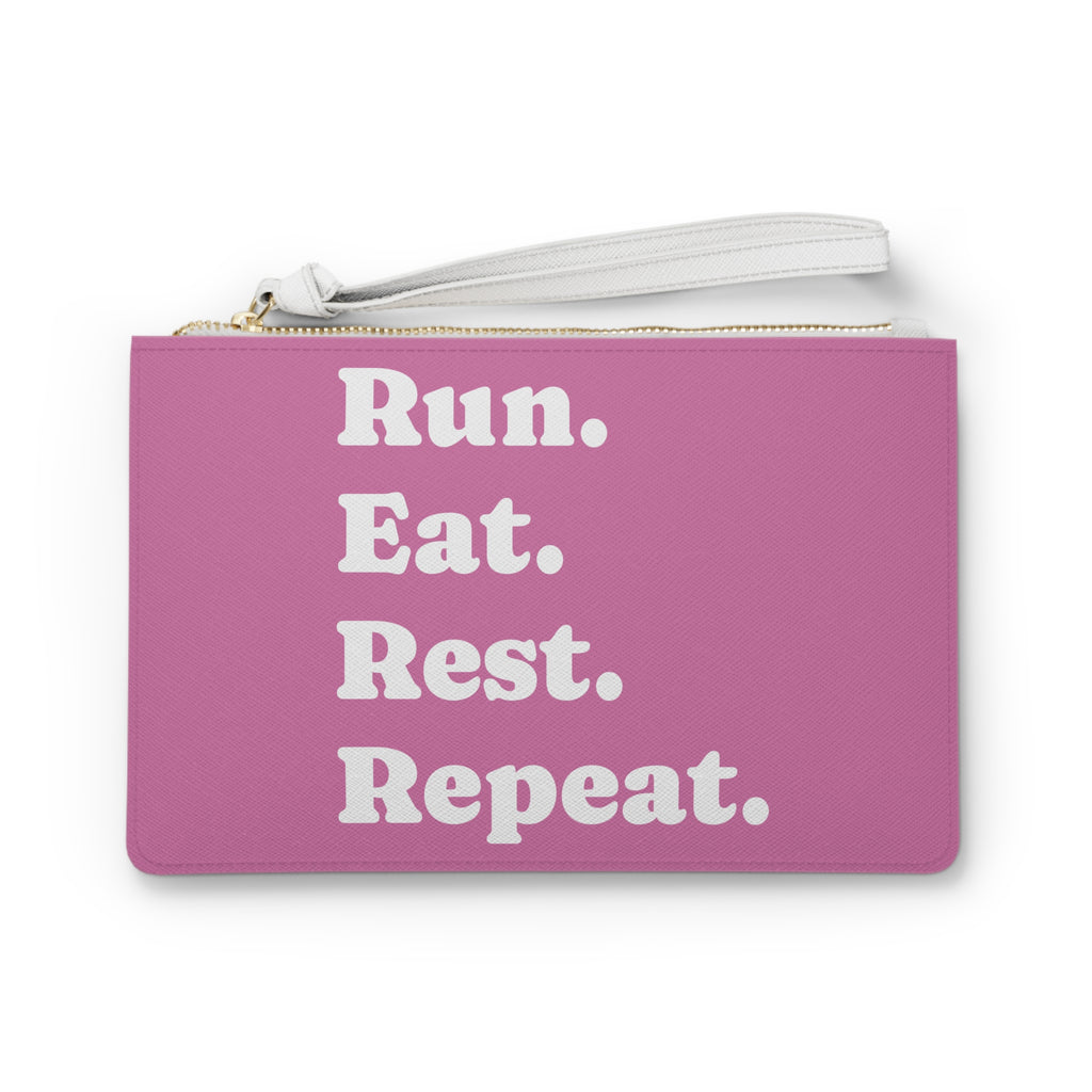 Run. Eat. Rest. Repeat. Clutch Bag — Pink Fitness Wristlet