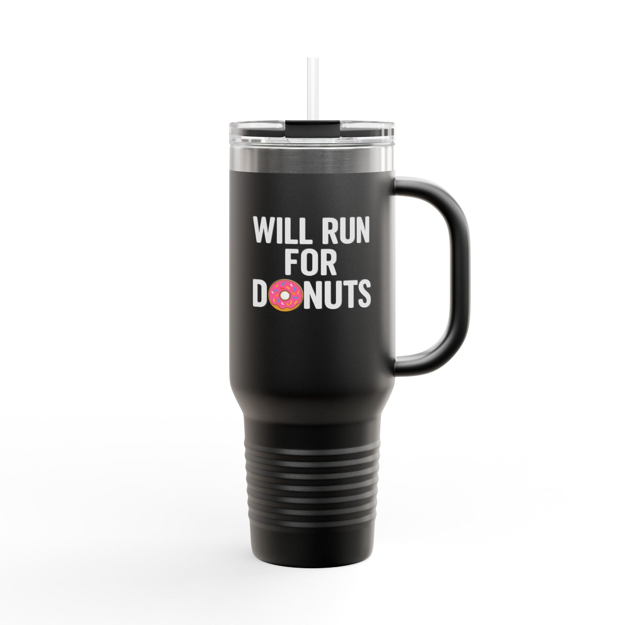 40oz Insulated Travel Mug — "Will Run for Donuts" Funny Coffee Tumbler - Best Run Yet Apparel and Gifts