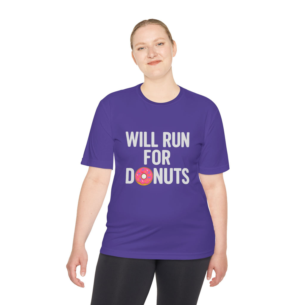 Will Run for Donuts Moisture - Wicking Tee — Funny Running Shirt for Runners & Fitness Fans - Best Run Yet Apparel and Gifts
