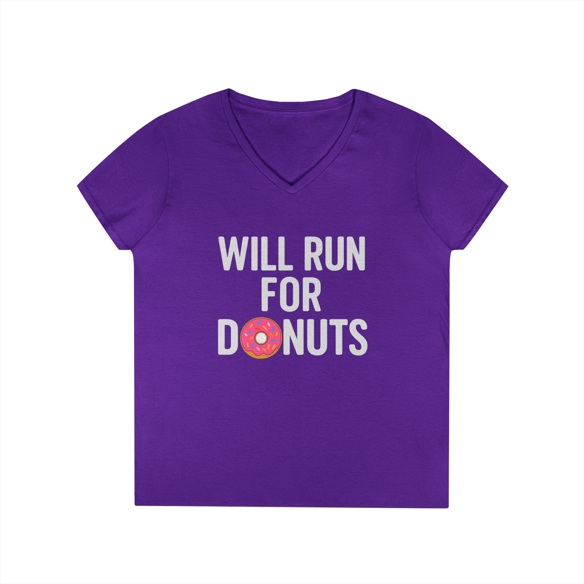 Will Run For Donuts V - Neck Tee – Funny Running Shirt for Women - Best Run Yet Apparel and Gifts