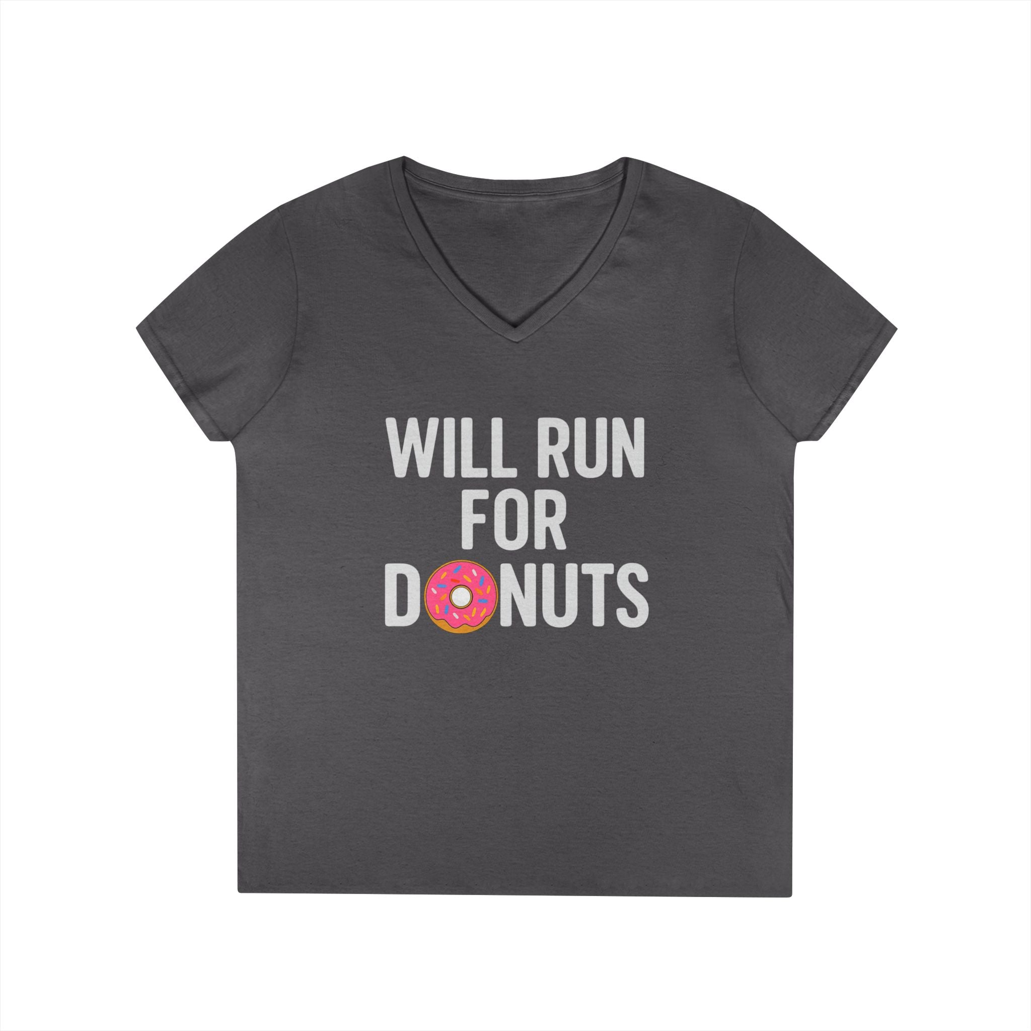 Will Run For Donuts V - Neck Tee – Funny Running Shirt for Women - Best Run Yet Apparel and Gifts