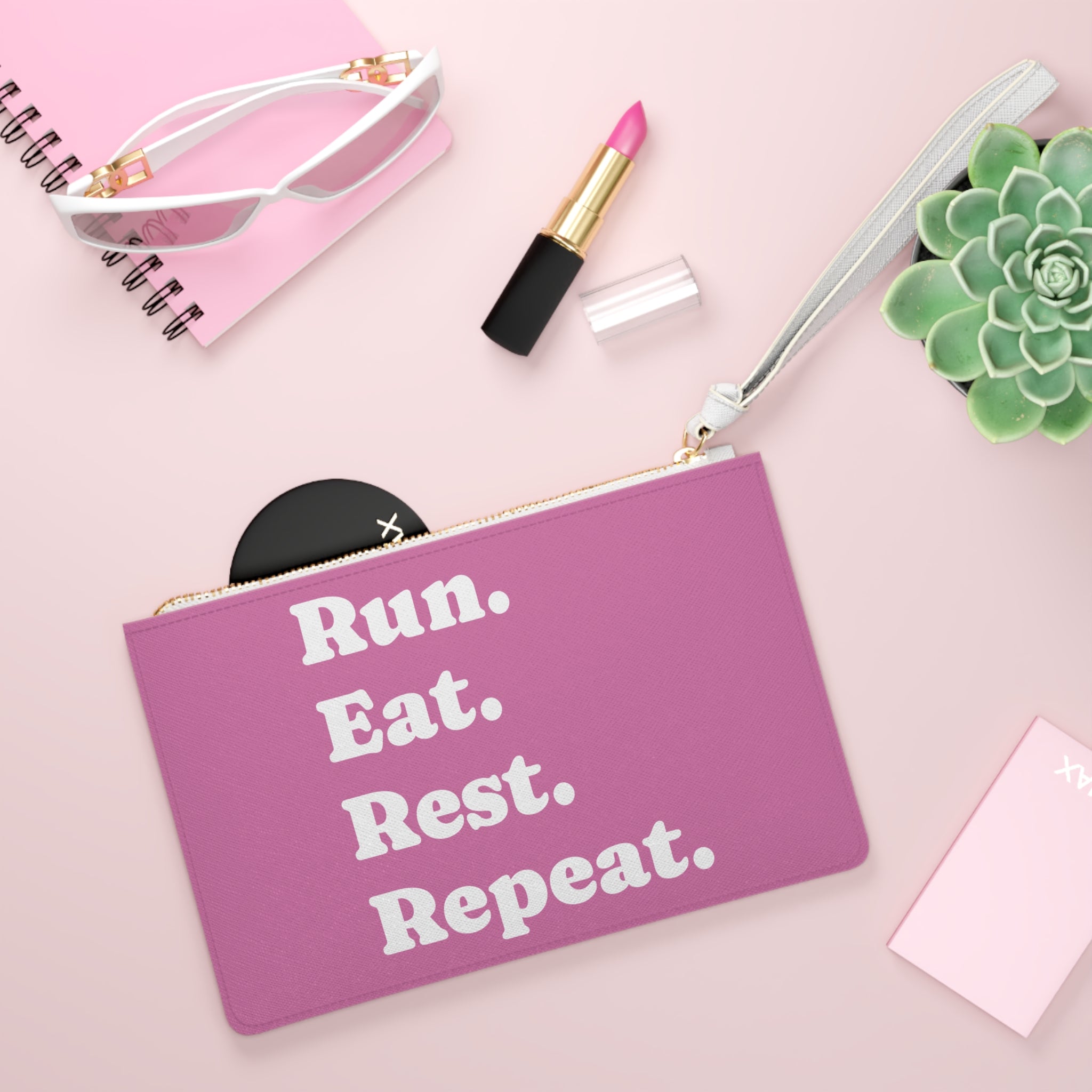 Run. Eat. Rest. Repeat. Clutch Bag — Pink Fitness Wristlet