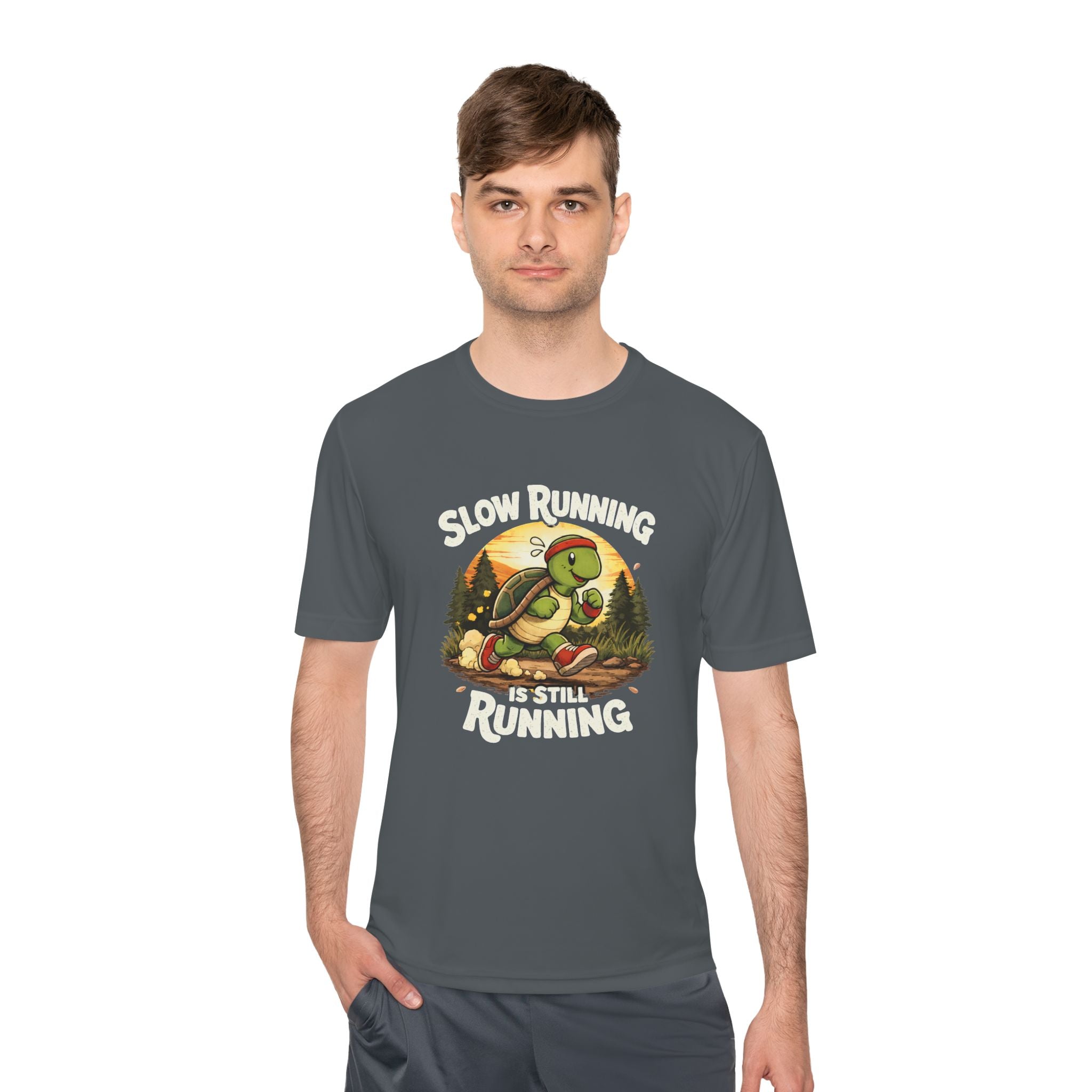Running Turtle Tee — "Slow Running, I’m Still Running" Moisture‑Wicking Shirt (Back: "Catch Me If You Can")
