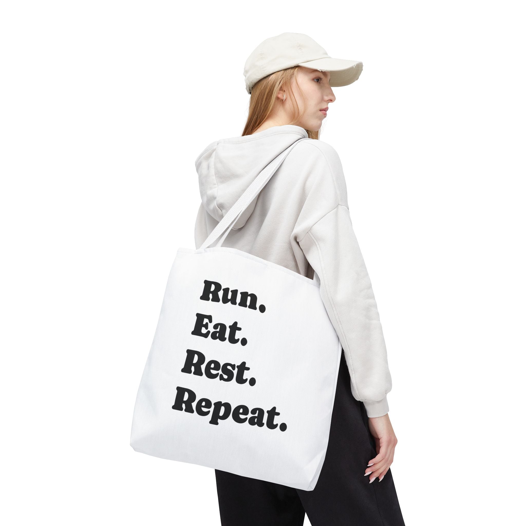 Run. Eat. Rest. Repeat. Tote Bag — Funny Runner Gym Grocery Tote - Best Run Yet Apparel and Gifts