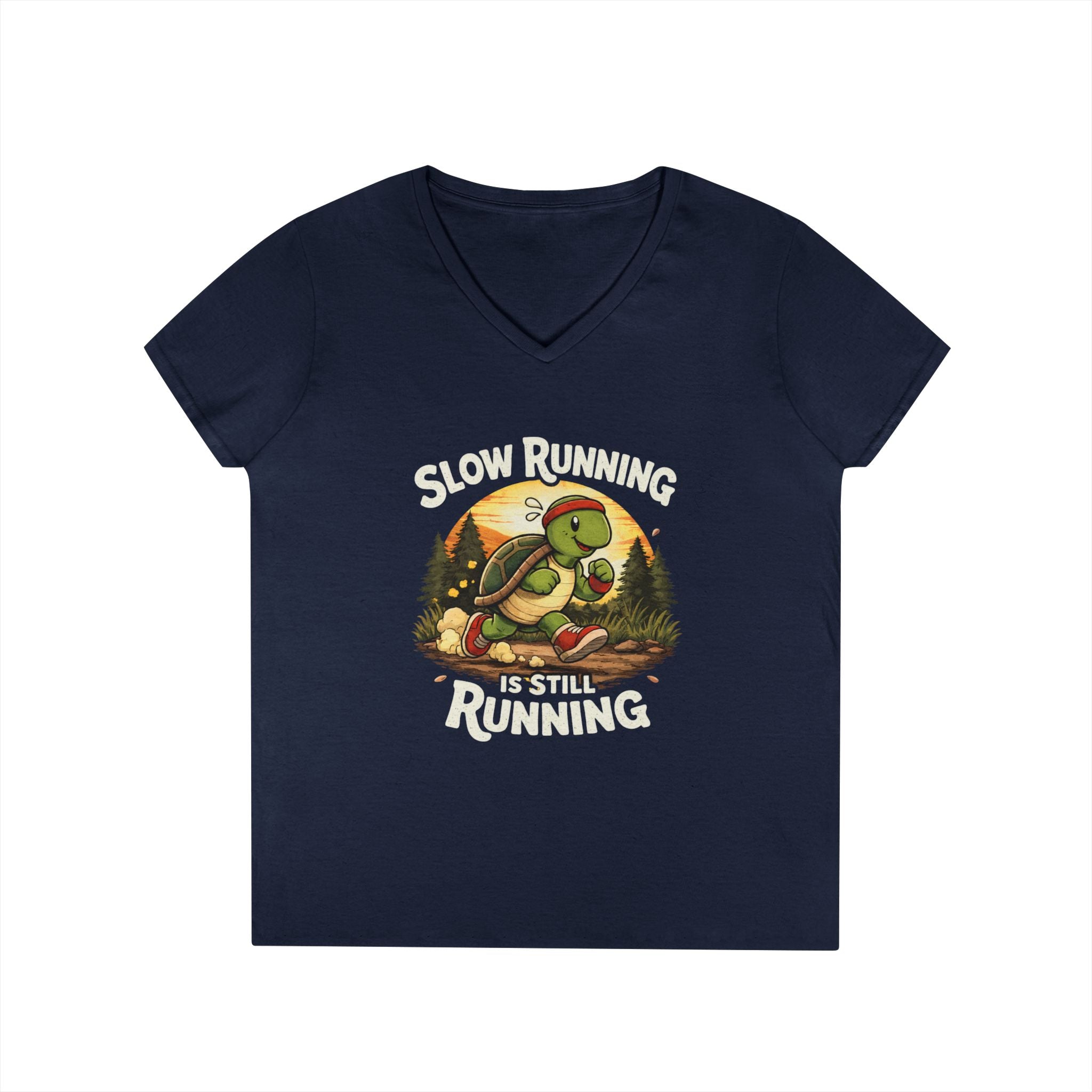 Slow Running Turtle V-Neck Tee — "Slow Running Is Still Running" Motivational Running Shirt